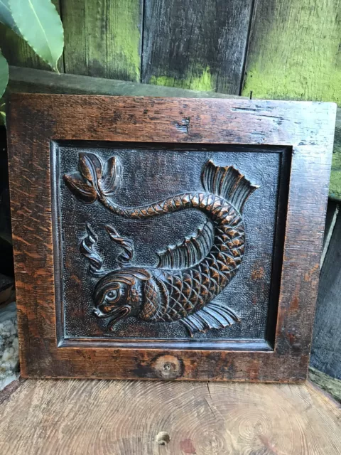 Antique CARVED WOOD DOLPHIN FISH PANEL plaque architectural furniture folk art