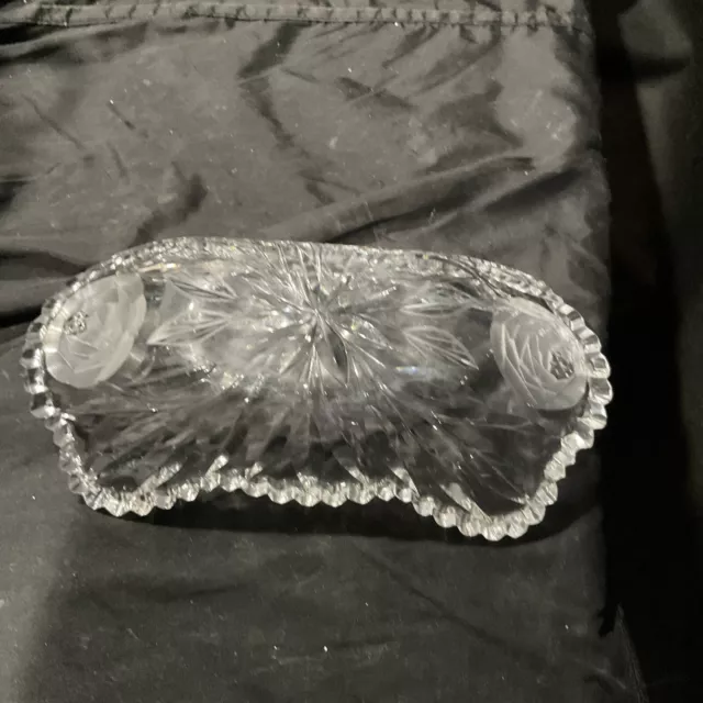 american brilliant cut glass 4x8 in elongated small relish bowl rose cut design 12