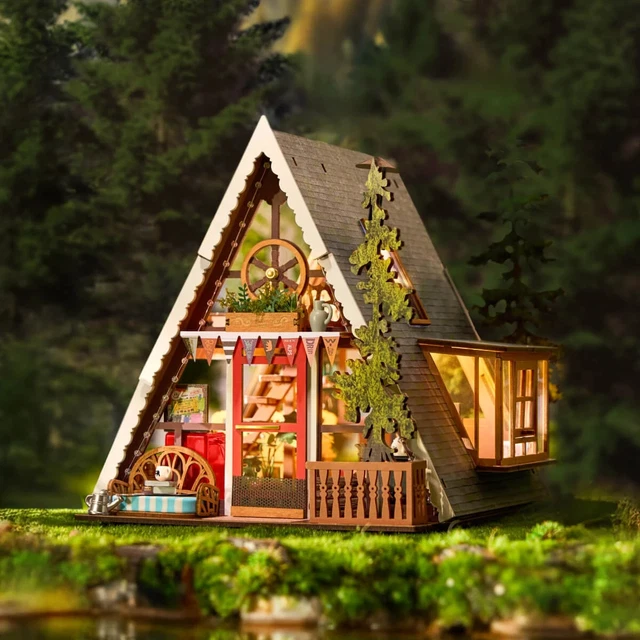 ROLIFE A-FRAME CABIN DIY Dollhouse Model Kits LED Miniature House Model ...