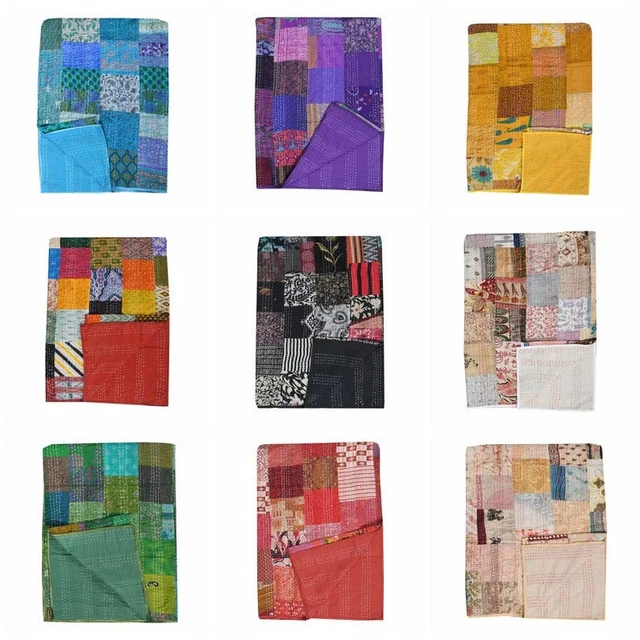Vintage handmade patchwork quilt bohemian bedding bedcover kantha quilts