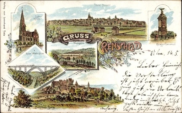 Litho Remscheid im Bergischen Land, Kriegerdenkmal, Kirche,... - 10559102