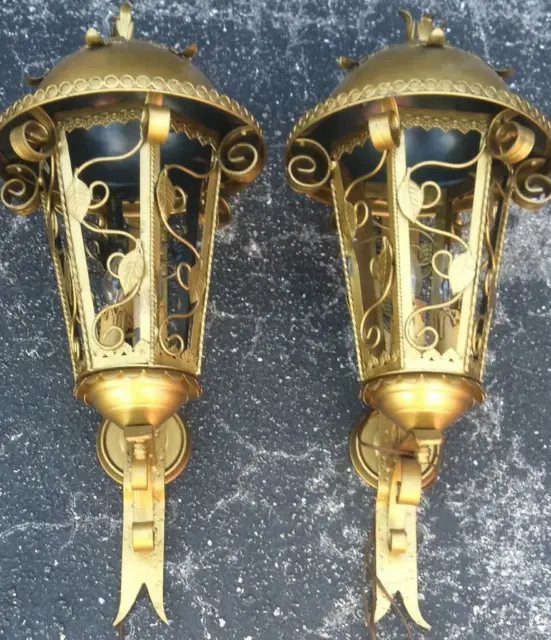 Old Vintage Pair of Two Set Large Wall Lantern Sconces Wrought Iron Italian Lamp