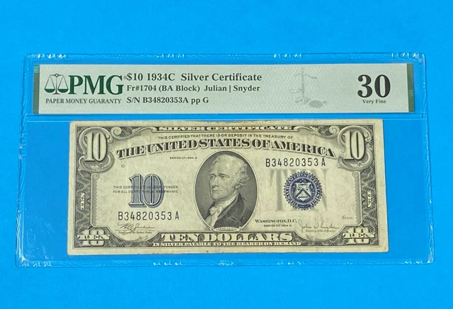 $10 1934C Silver Certificate Fr#1704 (BA Block) - PMG Very Fine 30