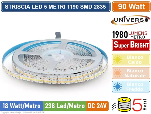 Strip Striscia Led Monocolore 5 Metri Dc 24V Smd 2835 238 Led Mt Ip20 90W 9900Lm