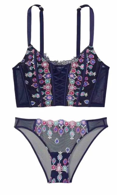 VICTORIA'S SECRET BRA Set Leaf Embroidery Open Demi Cup Ring Thong
