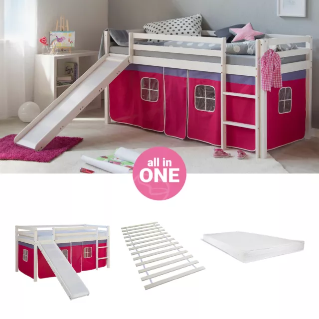 Lit superposé 90x200 Toboggan d'enfant mezzanine Matelas Rideau Rose Homestyle4u