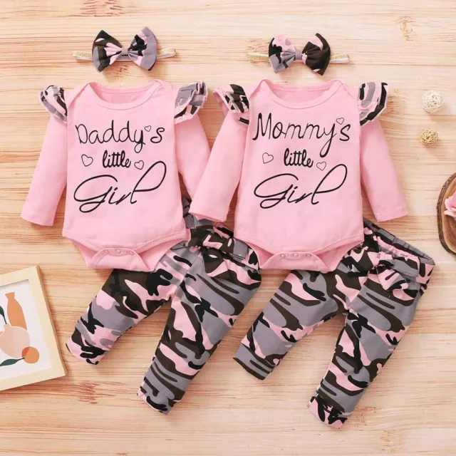 Newborn Baby Girl Matching Outfits Romper Bodysuit Camo Pants Headband Clothes