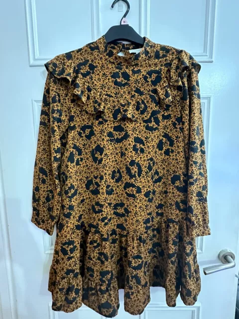 Topshop Mini Dress Long Sleeve Orange Black Ruffle Yoke Floral Dress, Size 10