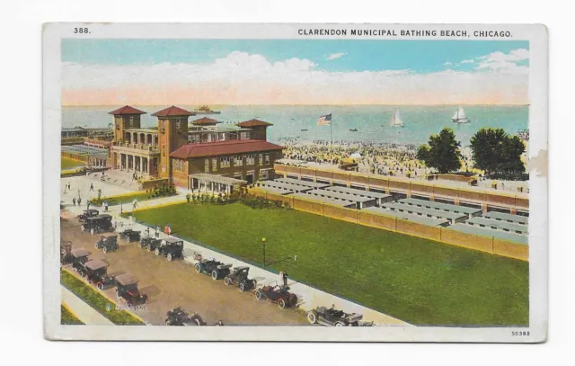 Vintage Postcard ** CLARENDON MUNICIPAL BATHING BEACH * CHICAGO IL *OLD CARS