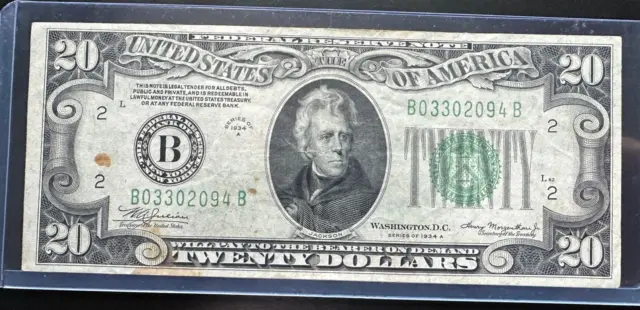 1934A $20 Twenty Dollars Federal Reserve Note, FRN New York, AU #72789