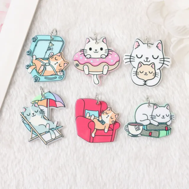 6Pcs Cat Charms Cute Funny Travel Animals Earring Keychain Pendant Necklace DIY
