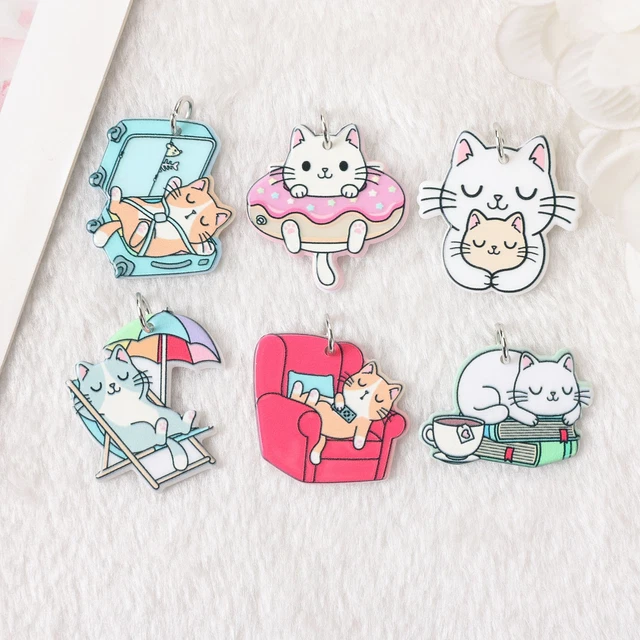 6Pcs Cat Charms Cute Funny Travel Animals Earring Keychain Pendant Necklace DIY