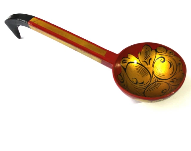 Vintage Khokhloma Gilt Lacquer Wooden Ladle Spoon Hand Painted Russian Folk Art