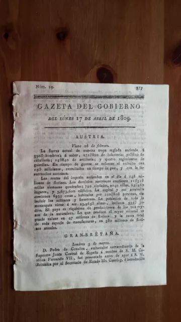 Núm.19 Gazeta del Gobierno del Lúnes 17 de Abril 1809 Guerra de la Independencia