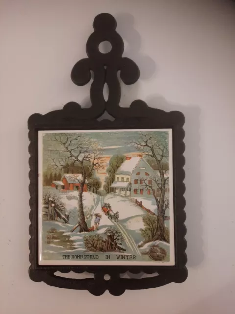 Vintage Enesco Cast Iron and Ceramic Tile Trivet "The Homestead In Winter"