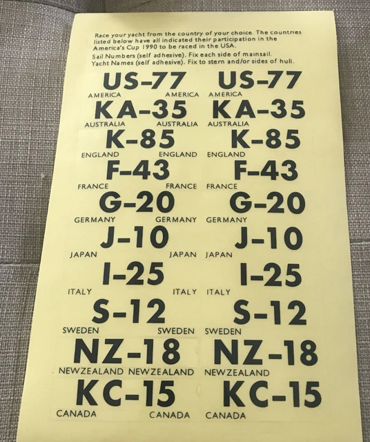 1990 America’s Cup model yacht building decal sheet