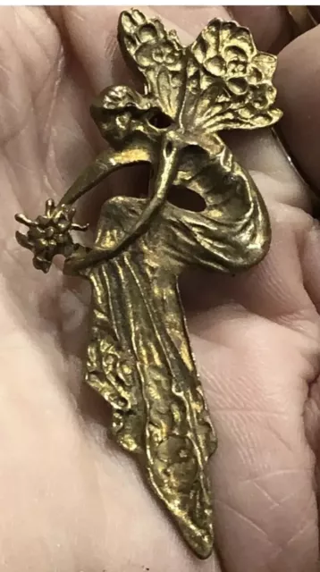 Antique Copper Art Nouveau 2.25" Flower Fairy Brooch Pin Pendant Loop At Back 3