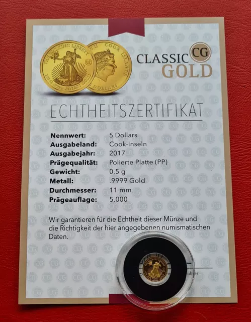 5$ Cook Isole 2017 Pp Con COA! 0,5g Oro Piedi Liberty / Solo 5.000 Ex