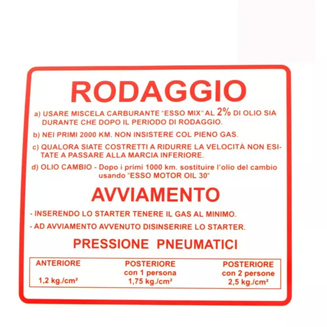 Étiquette Rodage Rouge Rally 180-200 Piaggio 200 pour Vespa Px Et VSX1 1977-1997