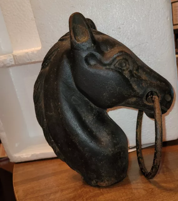 Old Vintage Cast Iron 9" Horse Head Hitching Post Fence Topper with #2 Ring