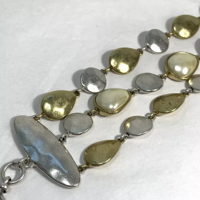 LUCKY BRAND Triple Strand 2 Tone BRACELET Hammered Discs SILVER GOLD Faux Pearl 3