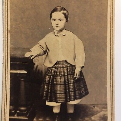 Old Antique CDV Photograph Cute Toddler Boy In Plaid Skirt Civil War Era 1860s
