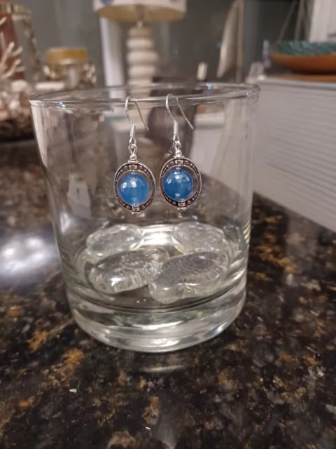 Lovely Blue Chalcedony Ornate Earrings. Sterling Silver Hooks.