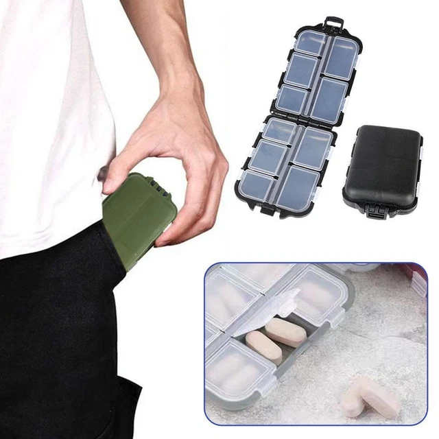 Scatola contenitore dispenser pillole pieghevoli 10 griglie stoccaggio medicinali strumento Regno Unito U7Q6