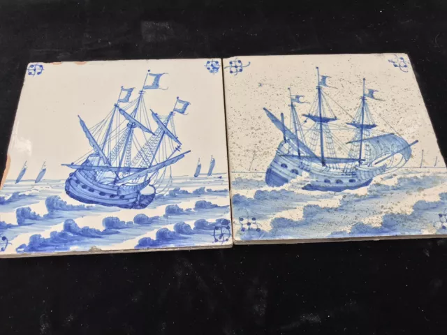 2 RARE 17th 18th century  ANTIQUE DELFT GALLEON SHIP FIRING CANNON TILES 132 mm