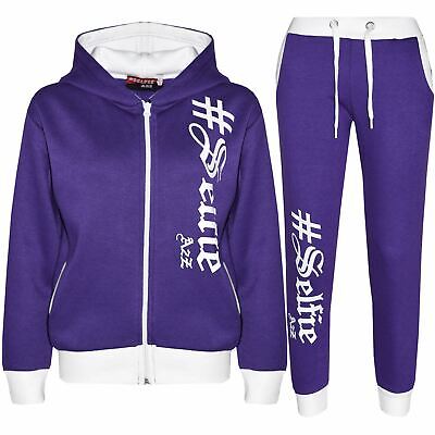 Kids #SELFIE Purple Tracksuit Hoodie Sweatpants Zipper Joggers Set Casual Girls