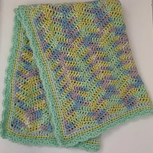 Crocheted Blanket Baby Handmade Chevron Crib Afghan Throw Pastels 25.5”x34.5”
