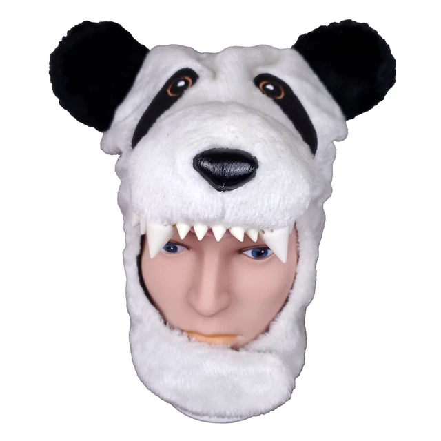 Panda Bear Fur Hood Hat 3D Teeth Ears Nose Kids Youth Vel-cro Chin Strap New