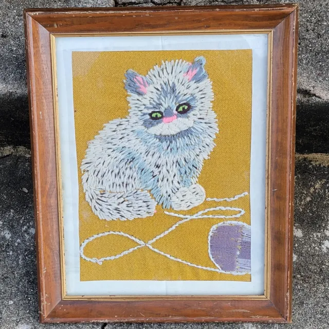 Vintage Kitschy Fluffy White Cat w/ Yarn Framed Retro Crewel Embroidery Art MCM