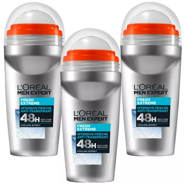 3x 50ml Loreal Men Expert Deodorant Roll- On Fresh Extreme 48h Anti Transpirant