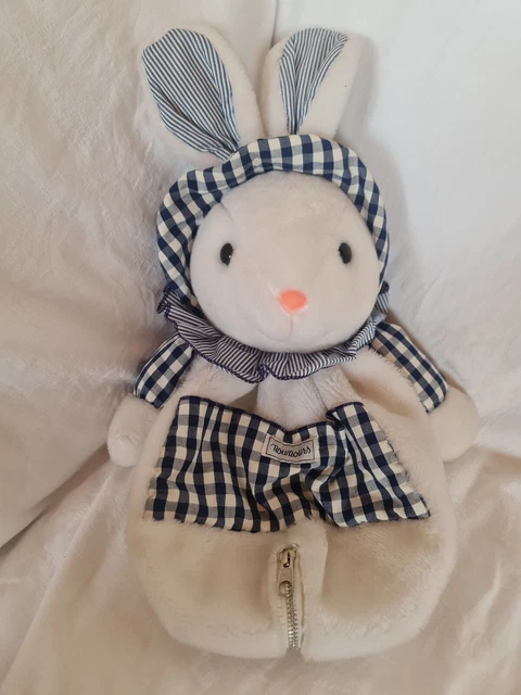 Doudou Peluche Range Pyjama Vintage Lapin Nounours Blanc/Carreaux Bleus Ttbe