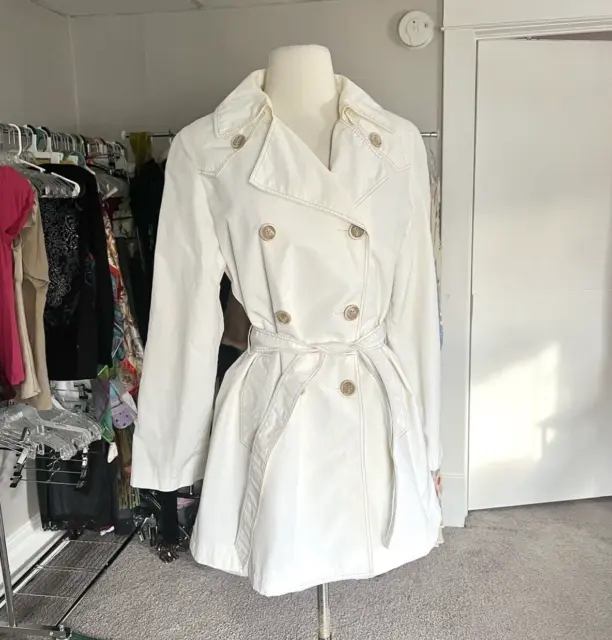 Gallery Trench Rain Coat Medium Womens White Belted Long Collared Button