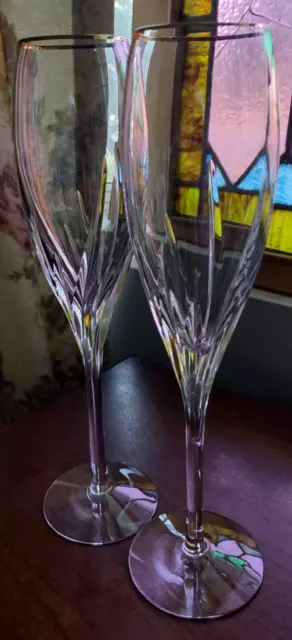2) Lenox Crystal 10" FLUTED CHAMPAGNE FLUTES LC86 Spiral Cut GOLD Rim Signed EX 2) Lenox Crystal 10" FLUTED CHAMPAGNE FLUTES LC86 Spiral Cut GOLD Rim Signed EX