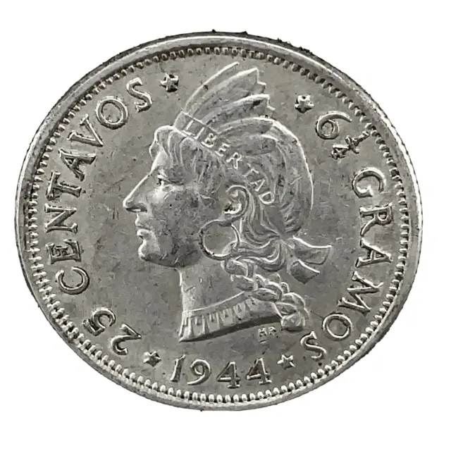 1944 Dominican Republic 0.900 Silver  25 Centavos LIBERTAD UNC. Coin KM#20