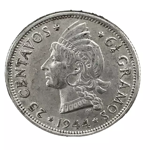 1944 Dominican Republic 0.900 Silver  25 Centavos LIBERTAD UNC. Coin KM#20