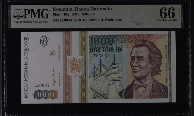 Romania 100 Lei 1993 Pick 102 Gem UNC PMG 66 EPQ