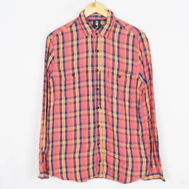 Replay Hombre Camisa Talla M Corte Normal Cuadros Naranja Bolsillos Algodón