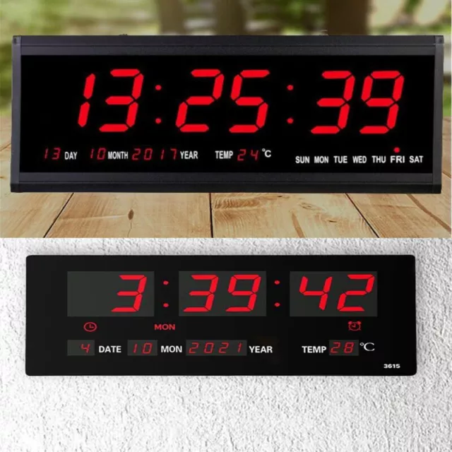 Large Jumbo Digital LED Wall Clock Desk Alarm Calendar Temperature Humidity Date