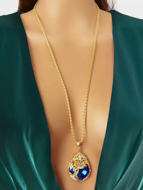 Stunning Large Gemstone Necklace Long Extra Heavy Pendant Drop Gold Jewellery