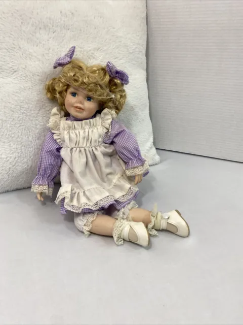 Porcelain 12" Sitting Doll ♡ Strawberry Blonde Hair Blue Eyes Purple Check Dress