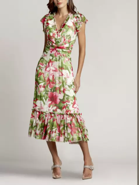 Tadashi Shoji Ester Ruffle Dress V-Neck Tiered Skirting Floral Size 6 $388 NWT