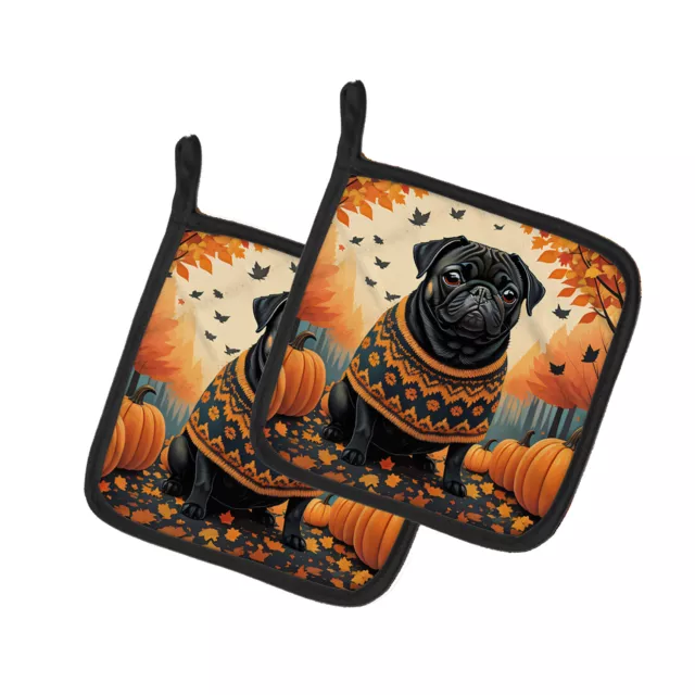 Black Pug Fall Pair of Pot Holders DAC1064PTHD
