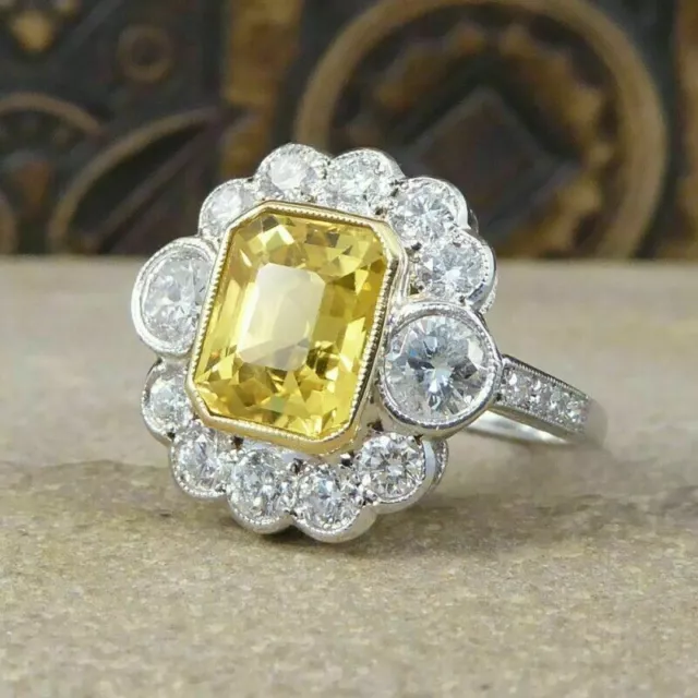 Edwardian Vintage 3Ct Yellow Citrine Women CZ Wedding Ring 14K White Gold Plated