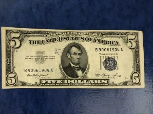 1953 Series $5 US Silver Certificate Circulated Currency Banknote/Blue Seal