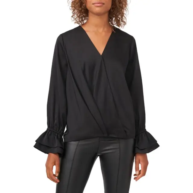 Vince Camuto Womens Black Satin Wrap Front Shirt Blouse XL BHFO 2850