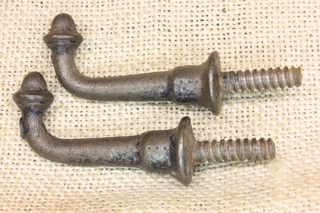2 Old Single Coat Hooks Farm School House Rustic Heavy Cast Iron 1850’s Vintage 2